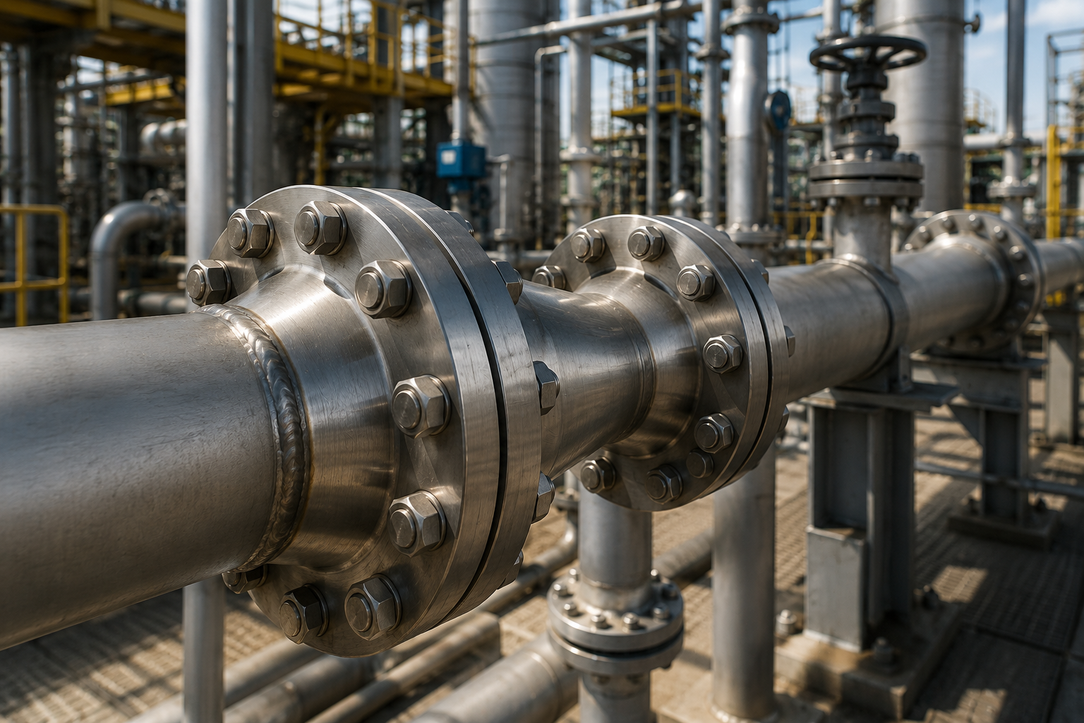 Weld Neck Flange Installed in Industrial Pipeline